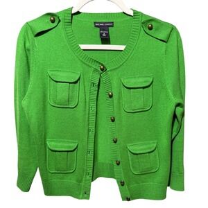 New York Company Women Green Button Front Cardigan Sweater Military Pockets Sz S